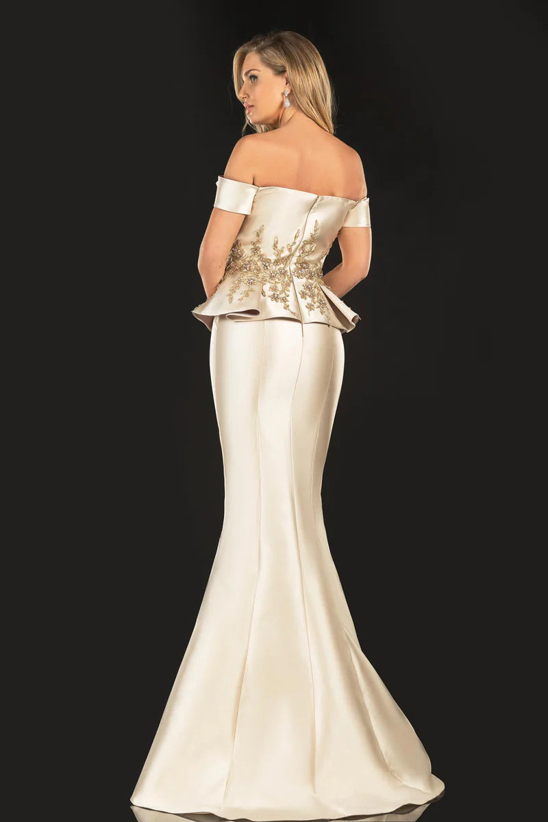 Terani Couture 2021E2835 Silver Off-The-Shoulder Gold Embellished Structured Mikado Peplum Trumpet Gown