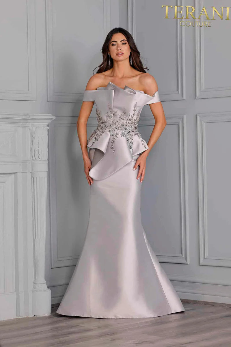 Terani Couture 2021E2835 Silver Off-The-Shoulder Gold Embellished Structured Mikado Peplum Trumpet Gown