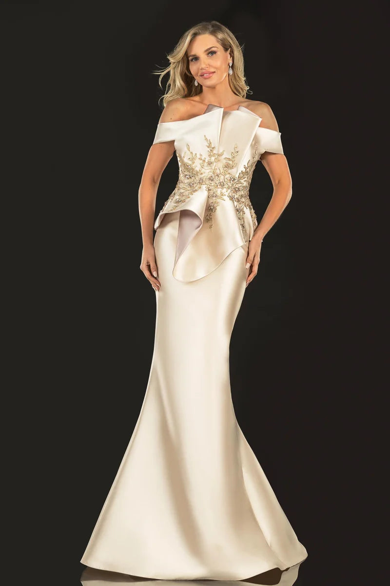 Terani Couture 2021E2835 Silver Off-The-Shoulder Gold Embellished Structured Mikado Peplum Trumpet Gown