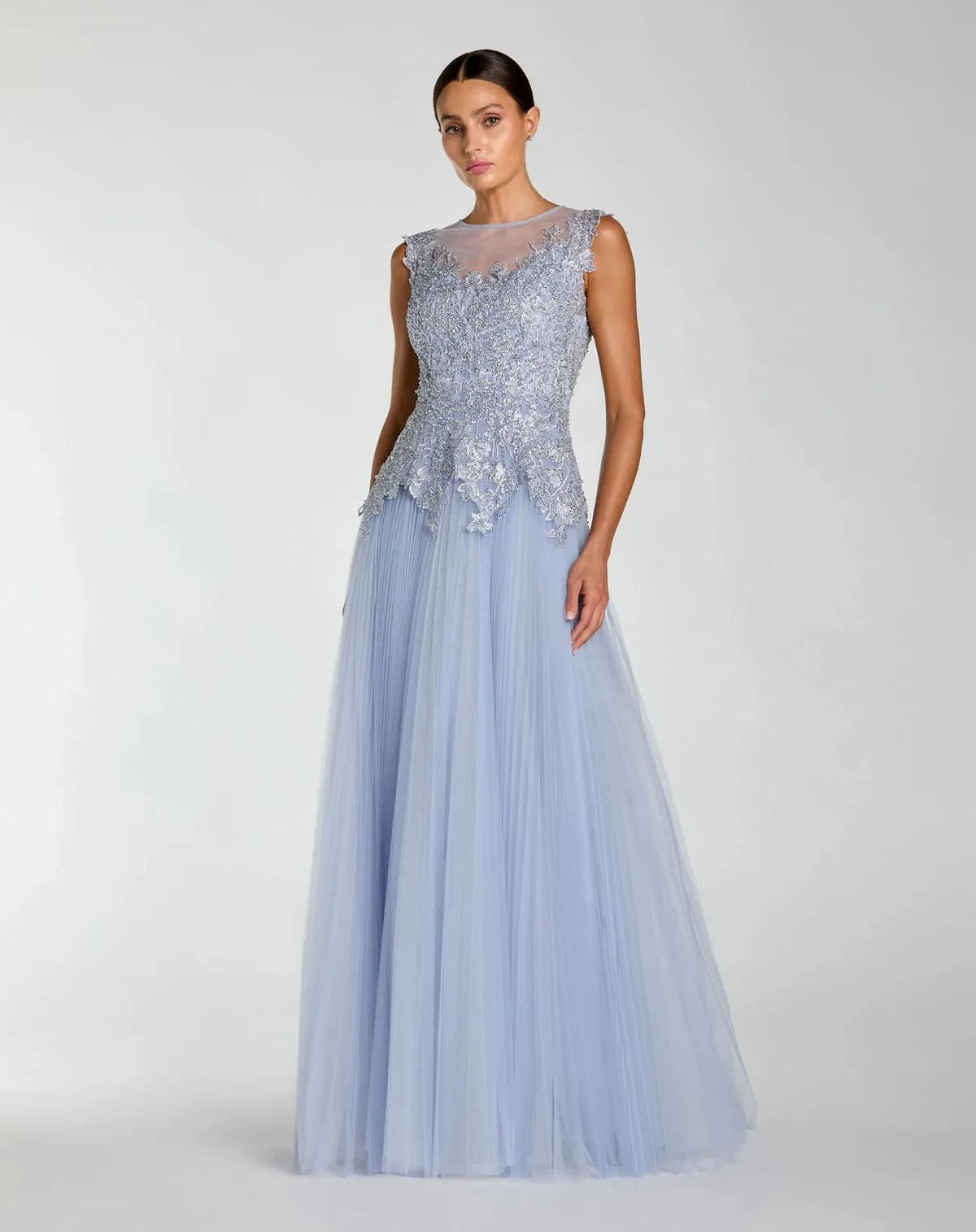 Mac Duggal 20360 Purple Sleeveless High illusion Neckline Embellished Bodice A-Line Gown