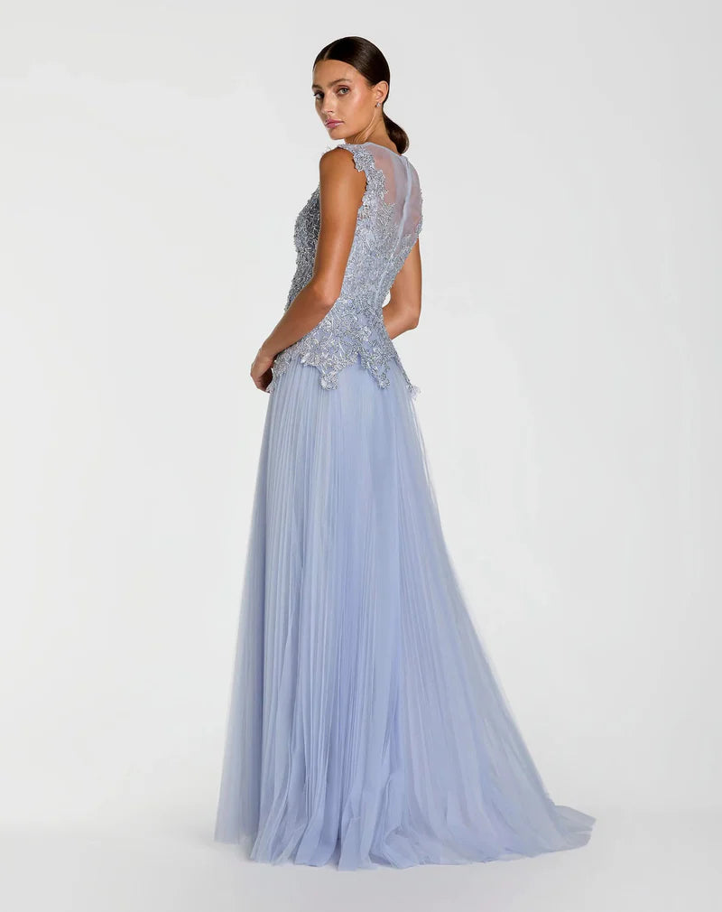 Mac Duggal 20360 Purple Sleeveless High illusion Neckline Embellished Bodice A-Line Gown