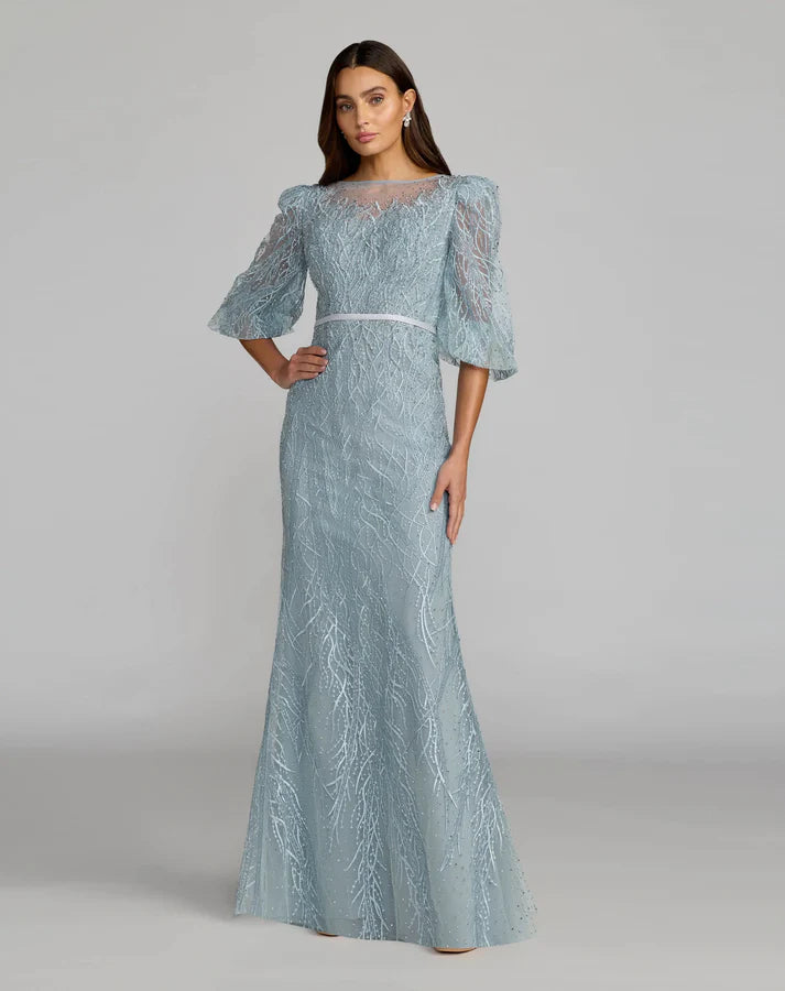 Mac Duggal 20370 Blue Embroidered Boat Neck 3/4 Puff Sleeves Gown