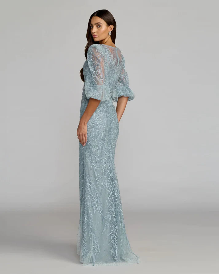 Mac Duggal 20370 Blue Embroidered Boat Neck 3/4 Puff Sleeves Gown