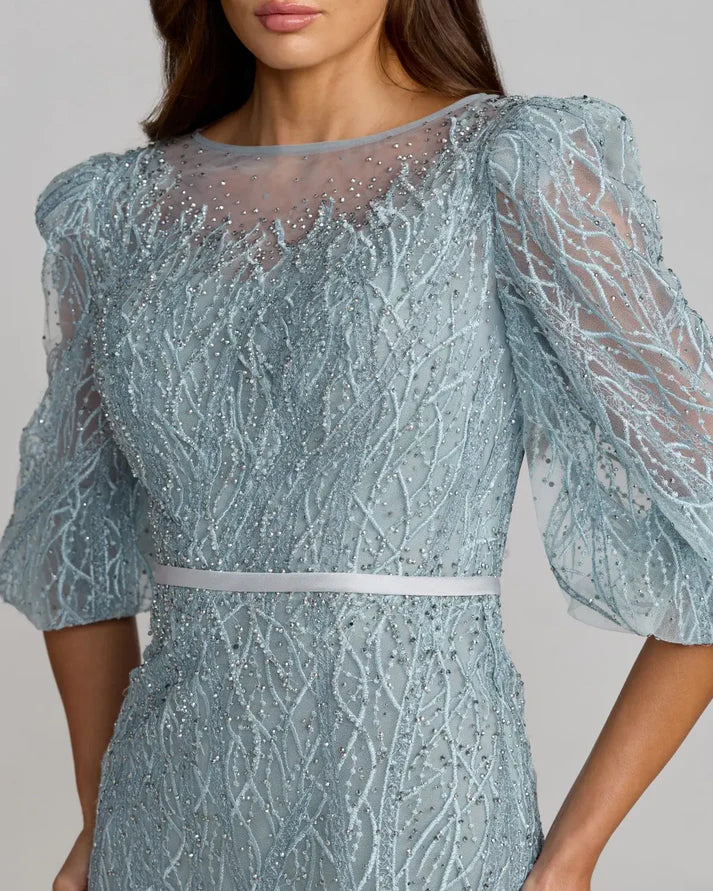 Mac Duggal 20370 Blue Embroidered Boat Neck 3/4 Puff Sleeves Gown