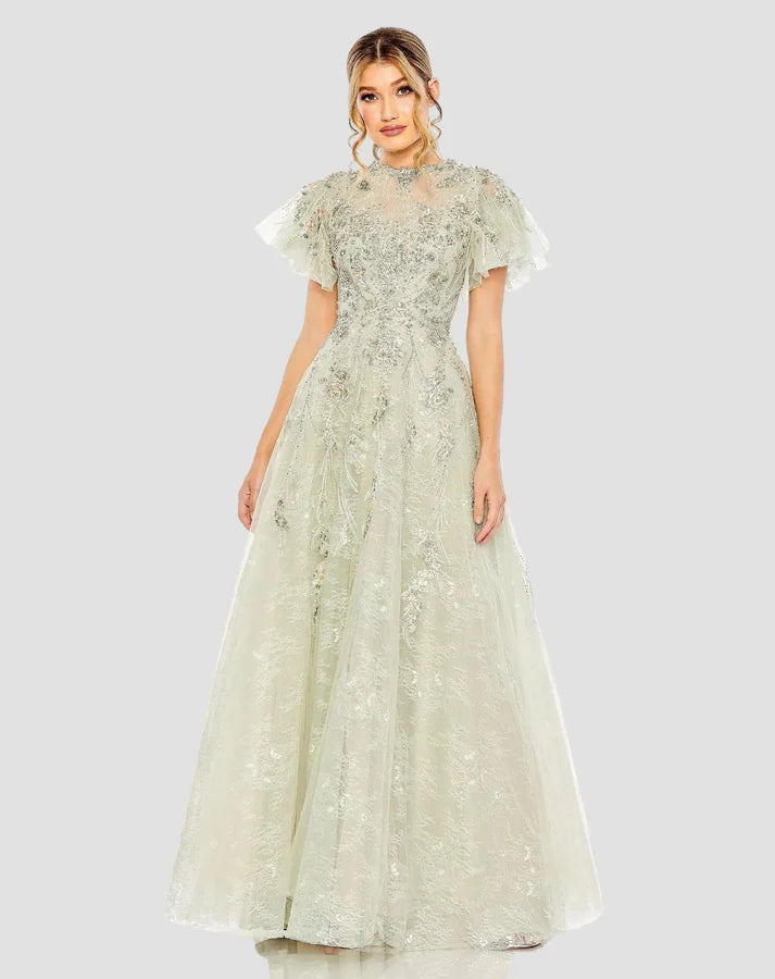 Mac Duggal 20450 Green Embroidered Tulle Flutter Sleeve High Round Neckline A-line Gown