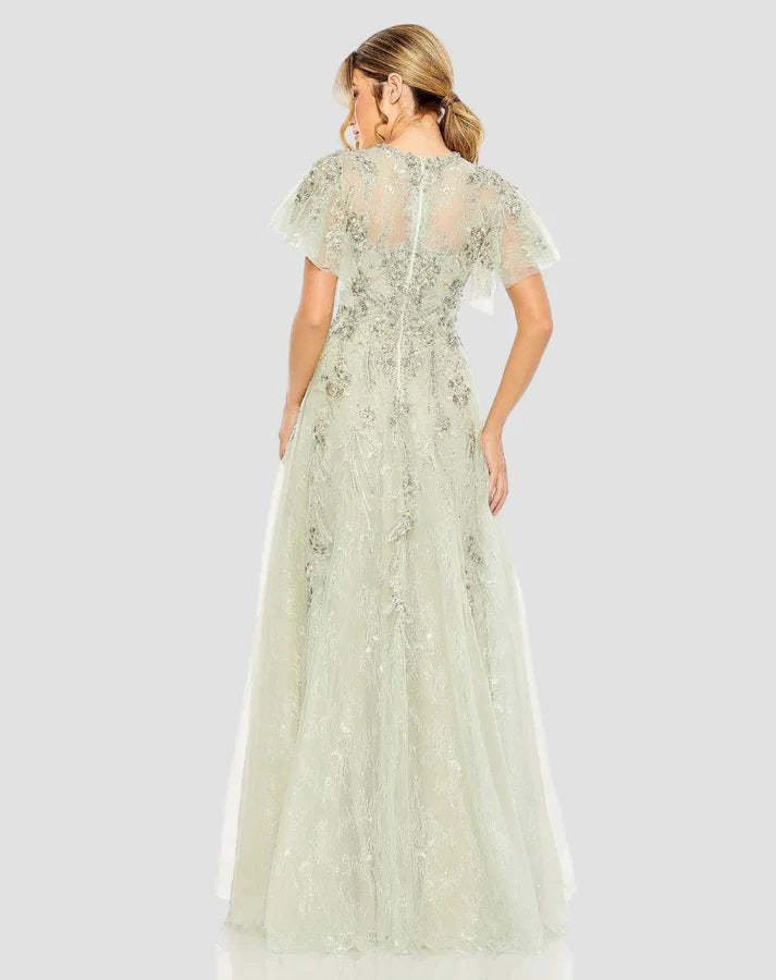Mac Duggal 20450 Green Embroidered Tulle Flutter Sleeve High Round Neckline A-line Gown