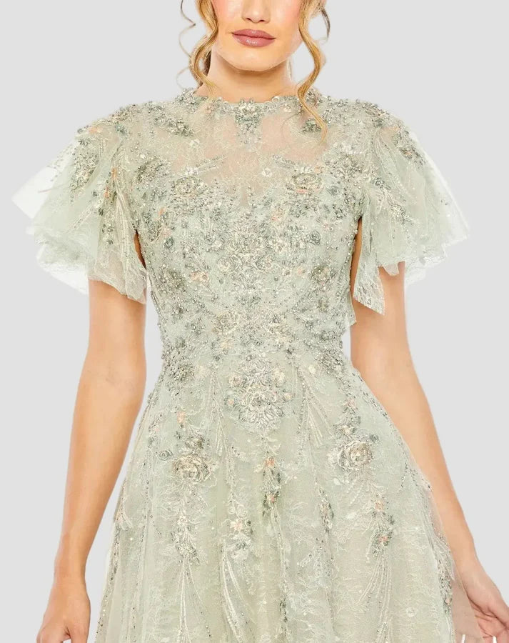 Mac Duggal 20450 Green Embroidered Tulle Flutter Sleeve High Round Neckline A-line Gown