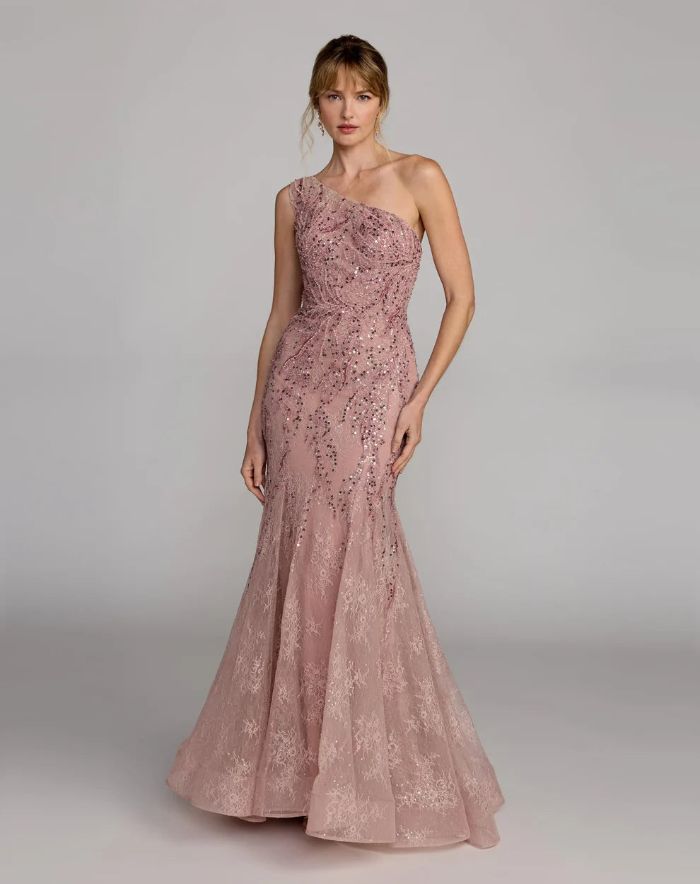 Mac Duggal 20482 Pink Embellished Lace One Shoulder Tonal Beading Mermaid Gown
