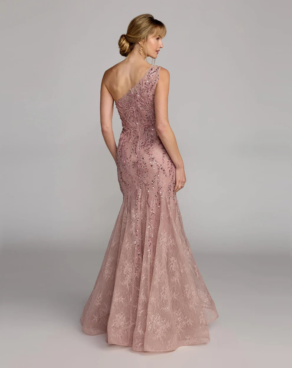 Mac Duggal 20482 Pink Embellished Lace One Shoulder Tonal Beading Mermaid Gown