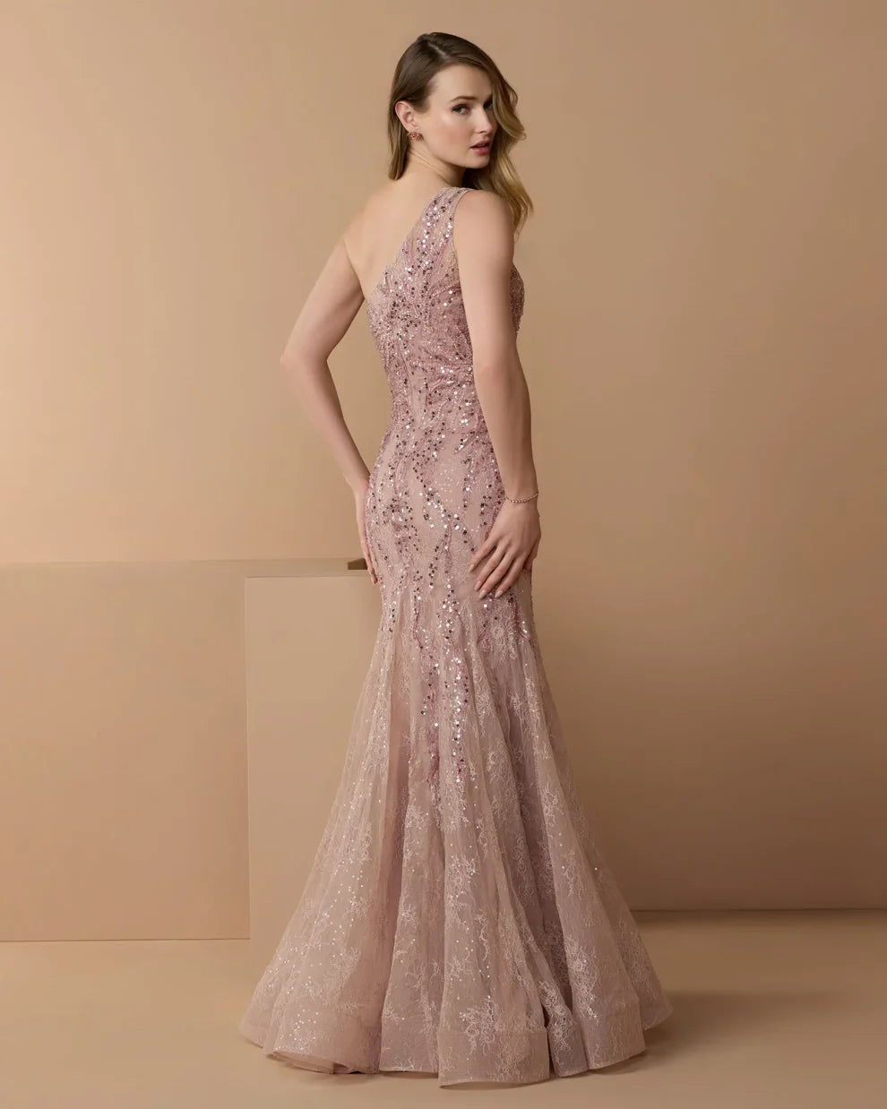 Mac Duggal 20482 Pink Embellished Lace One Shoulder Tonal Beading Mermaid Gown