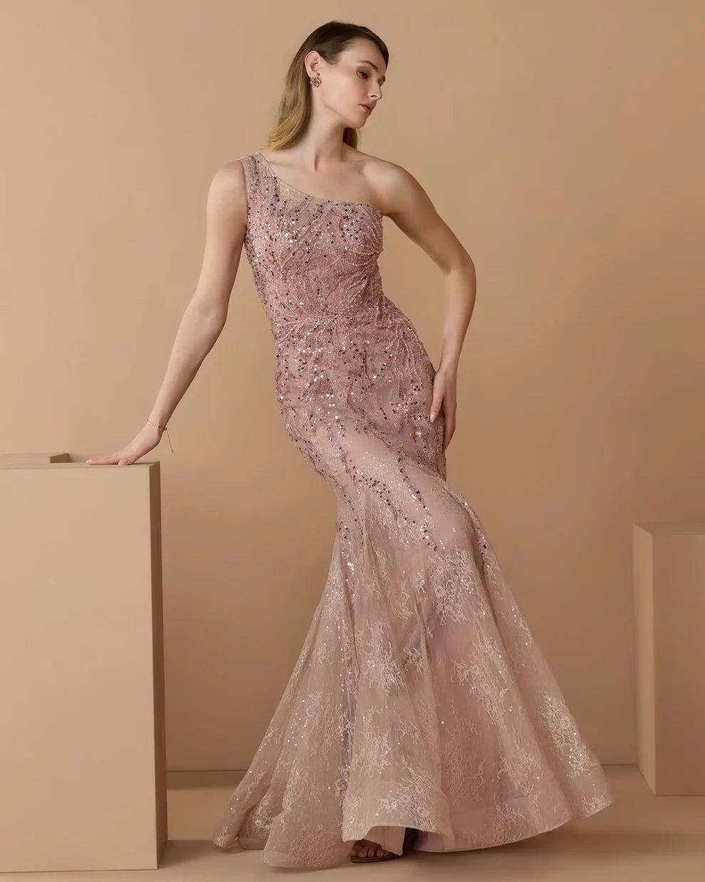 Mac Duggal 20482 Pink Embellished Lace One Shoulder Tonal Beading Mermaid Gown