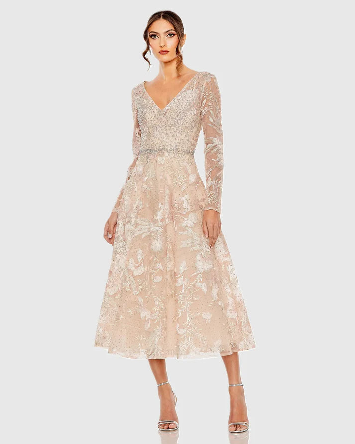 Mac Duggal 20489 Blush Embroidered Long Sleeve V-Neckline A-line Midi Dress