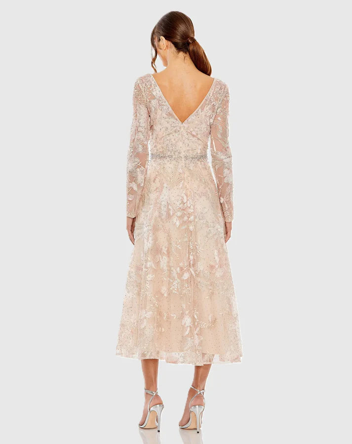 Mac Duggal 20489 Blush Embroidered Long Sleeve V-Neckline A-line Midi Dress