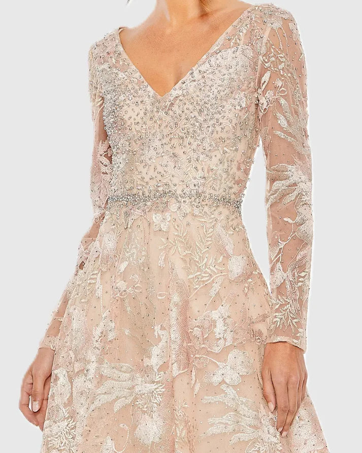 Mac Duggal 20489 Blush Embroidered Long Sleeve V-Neckline A-line Midi Dress