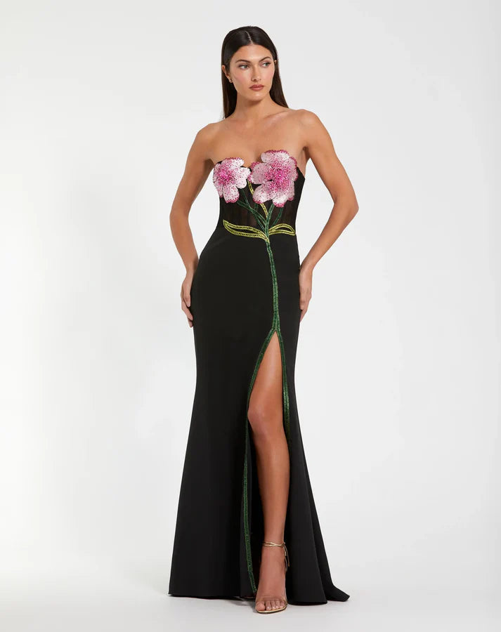 Mac Duggal 20682 Black Crepe Strapless Sweetheart Neckline Embroidered Bustier Gown