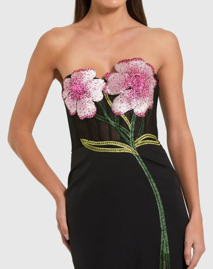 Mac Duggal 20682 Black Crepe Strapless Sweetheart Neckline Embroidered Bustier Gown