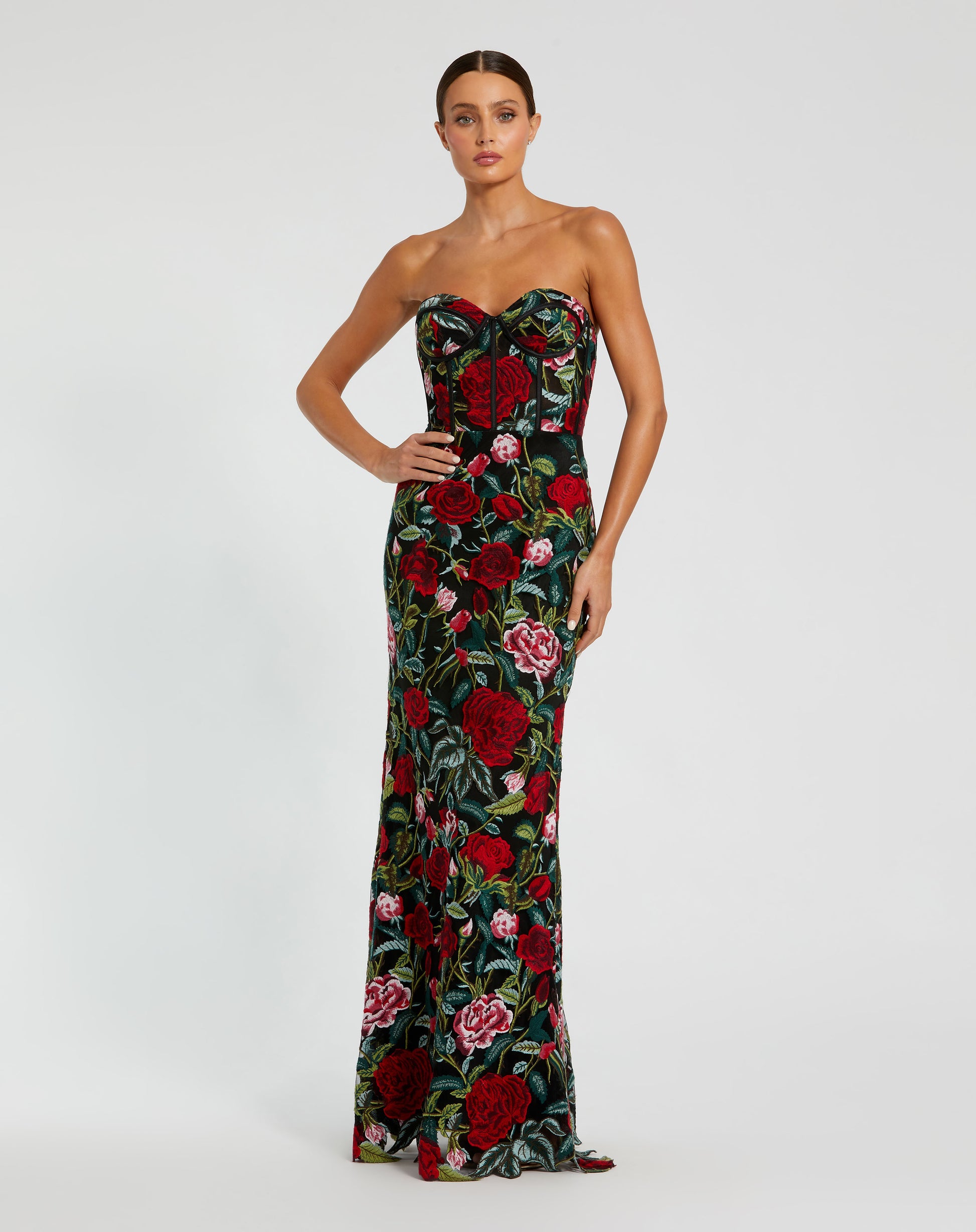 Mac Duggal - Black Sheer Bustier Top Floral Applique Gown - Black Multi / US 14 Mac Duggal - Black Sheer Bustier Top Floral Applique Gown - Black Multi / US 14