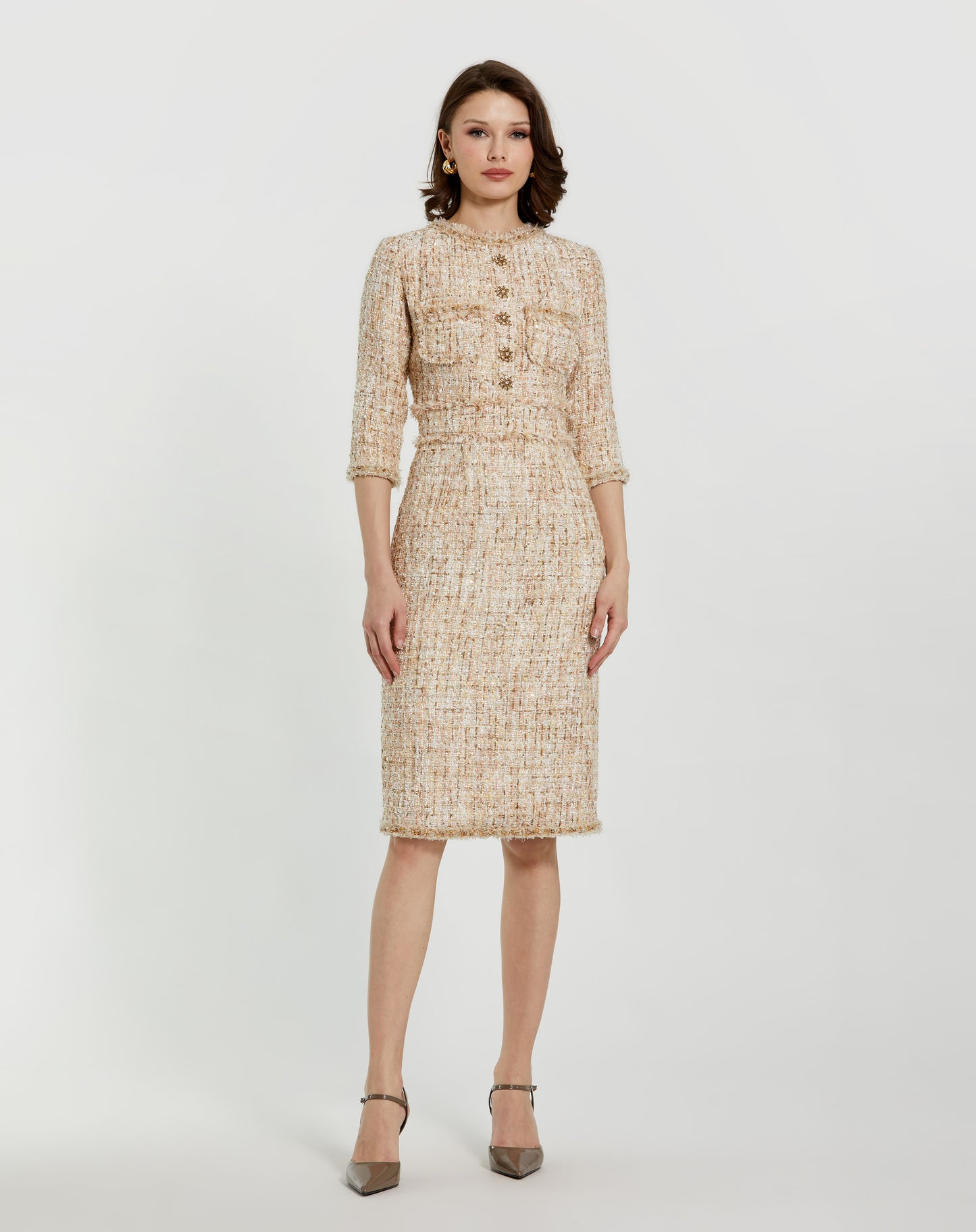 Mac Duggal 20809 Beaded Trim Boucle Midi Dress with 3/4 Sleeves