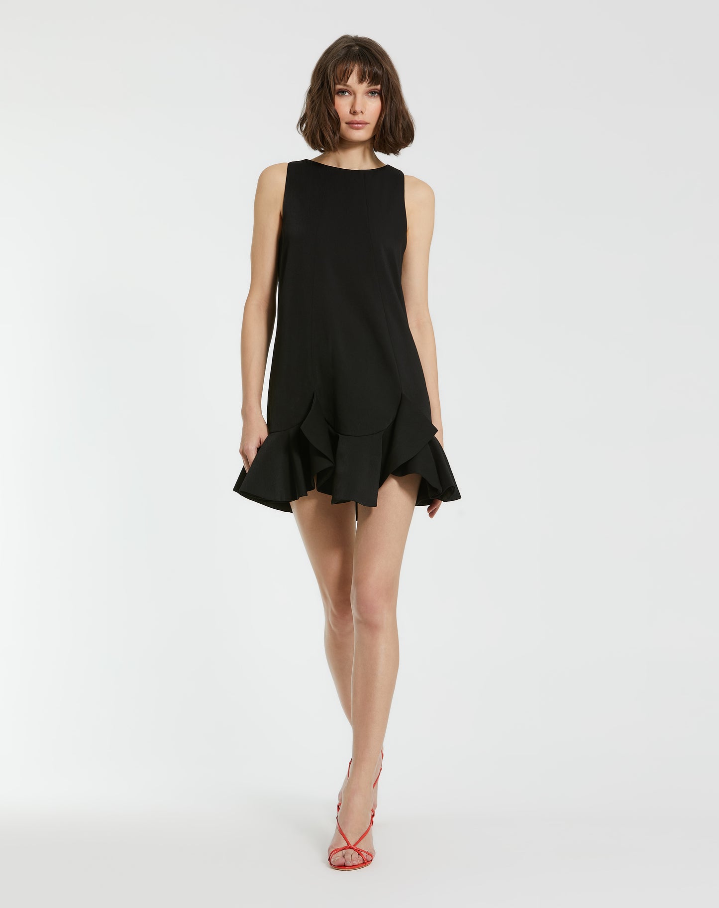 Mac Duggal 20957 The Mia Black High Neck Sleeveless Crepe Mini Dress With Ruffle Hem