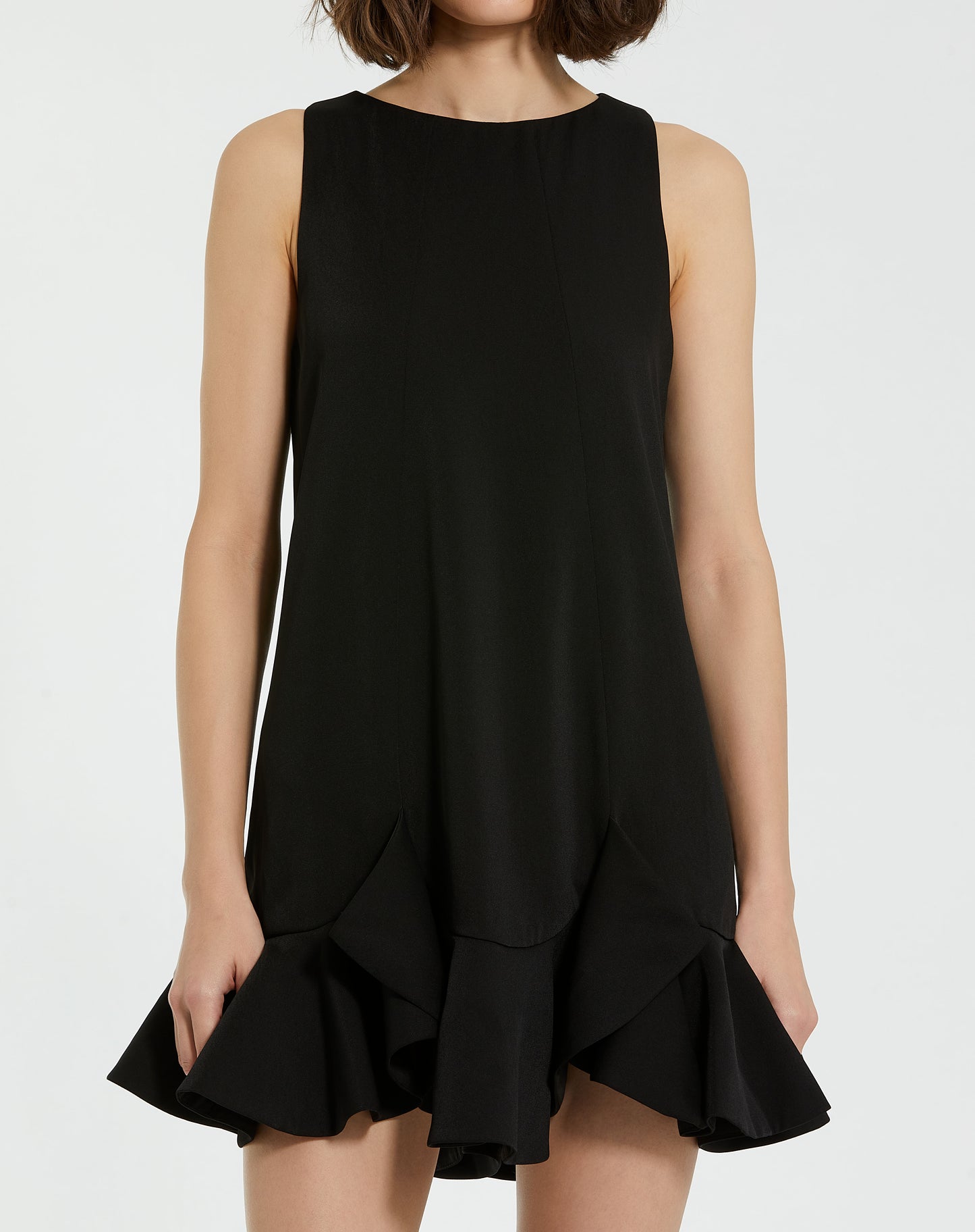 Mac Duggal 20957 The Mia Black High Neck Sleeveless Crepe Mini Dress With Ruffle Hem