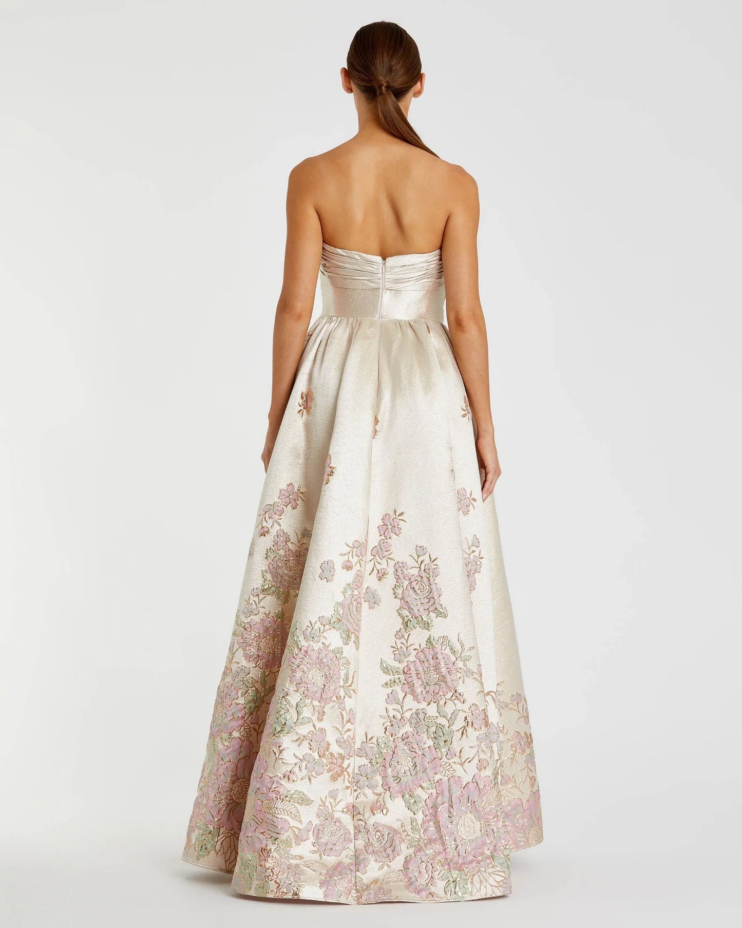 Mac Duggal 20974 Brocade Strapless Floral Gown with Bow Detail