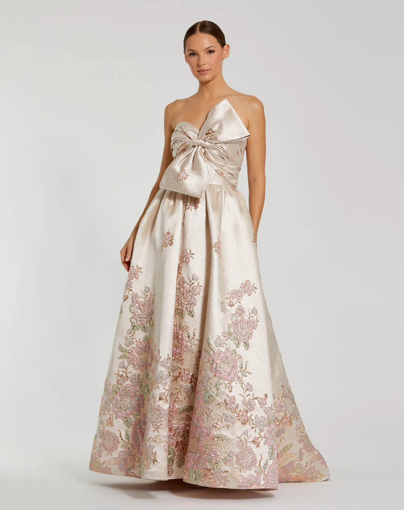 Mac Duggal 20974 Brocade Strapless Floral Gown with Bow Detail