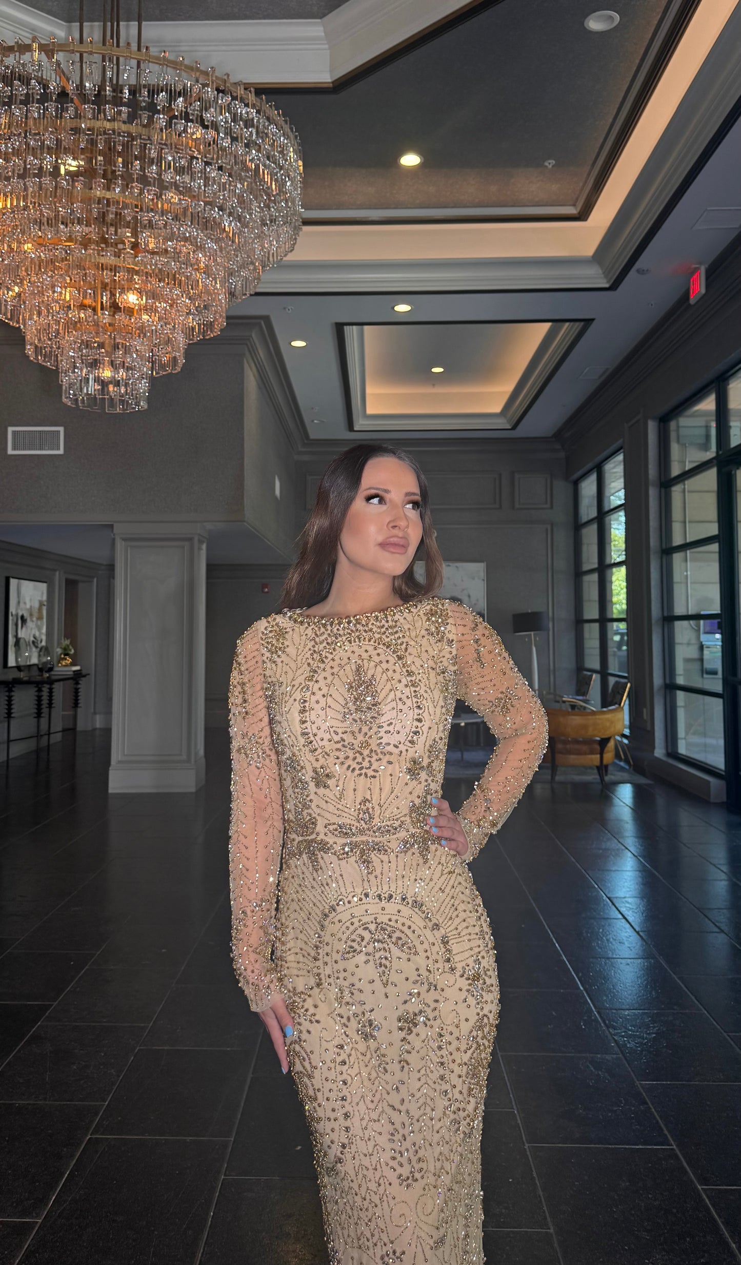 Khalilah Modest long sleeve Gold Dress