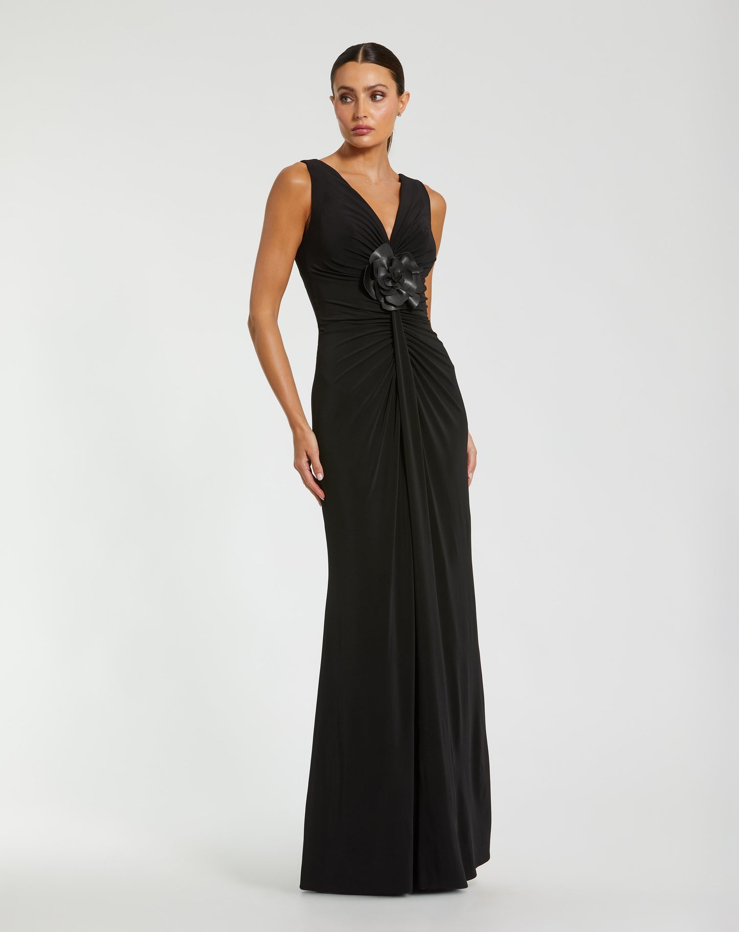 Mac Duggal 21005 Black Sleeveless V-neckline Jersey Gown With 3D Flower