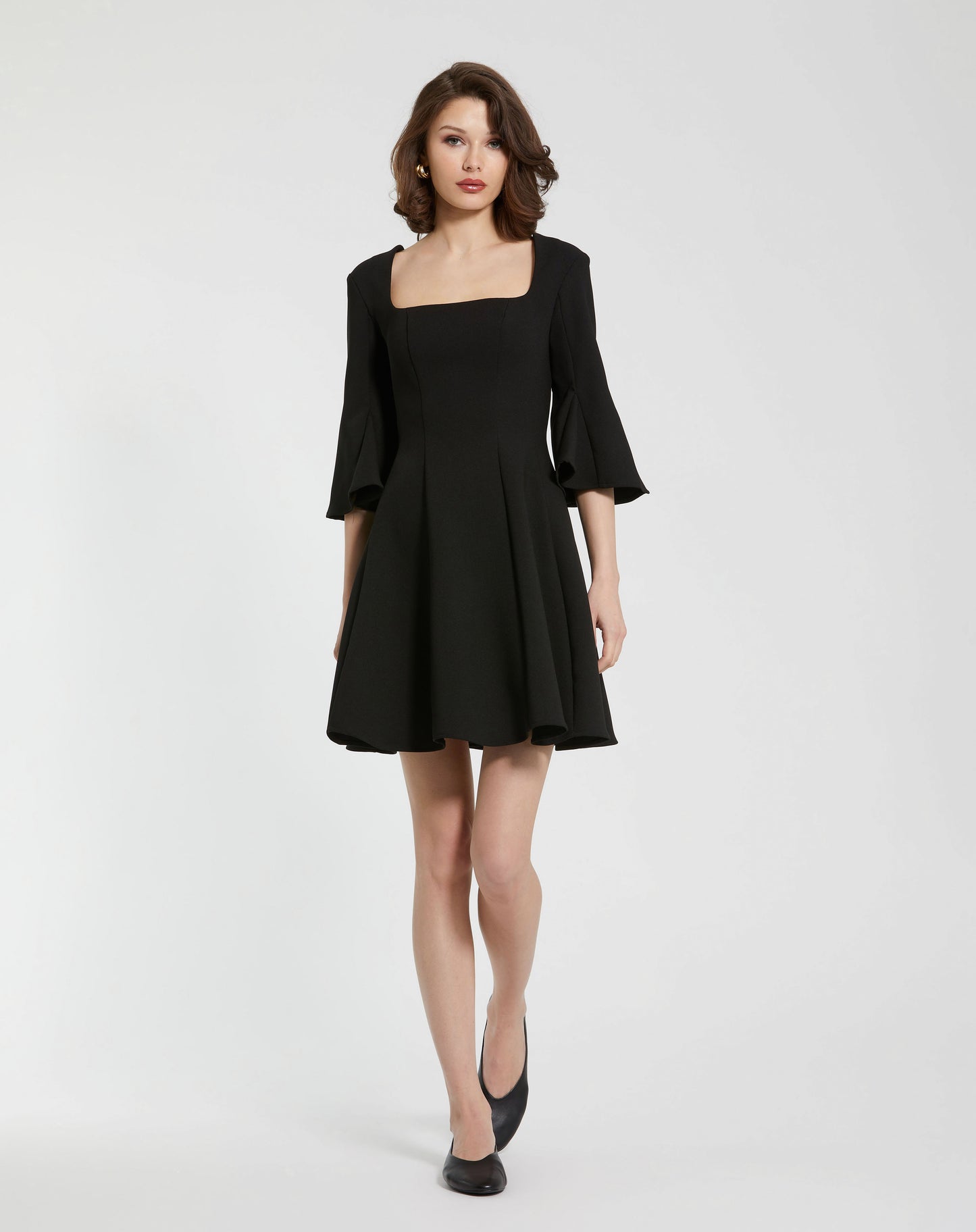 Mac Duggal 21011 Crepe Square Neck 3/4 Sleeve Godet Mini Dress