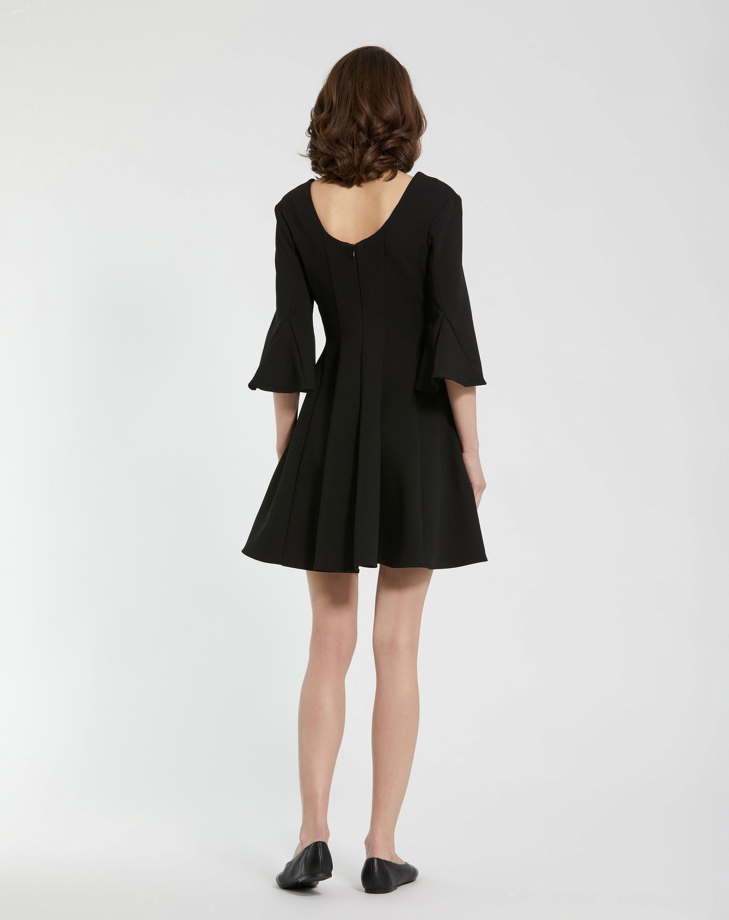 Mac Duggal 21011 Crepe Square Neck 3/4 Sleeve Godet Mini Dress