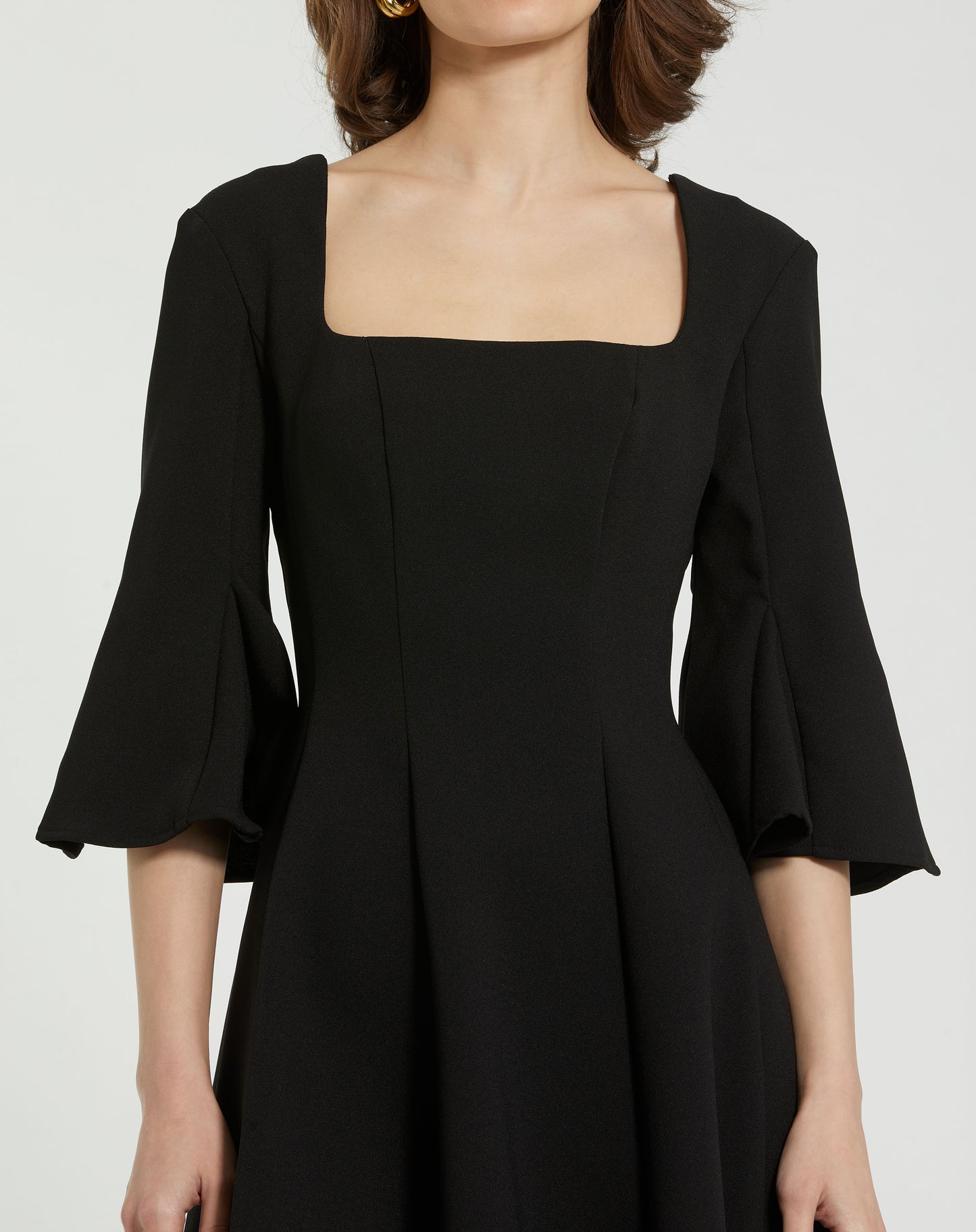 Mac Duggal 21011 Crepe Square Neck 3/4 Sleeve Godet Mini Dress