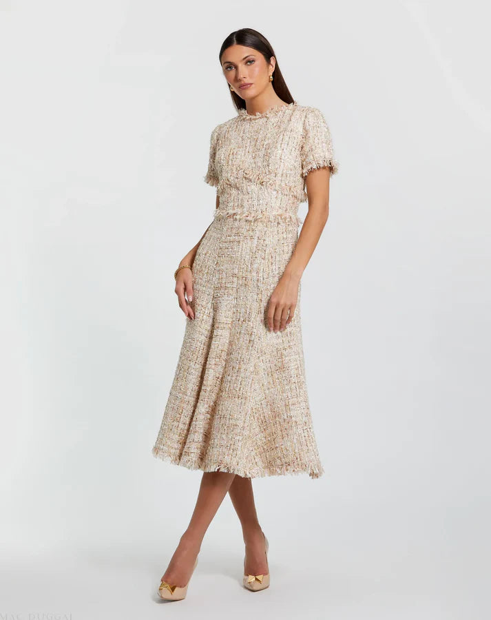 Mac Duggal 21045 Blush Boucle Short Sleeve High Neckline A Line Midi Dress