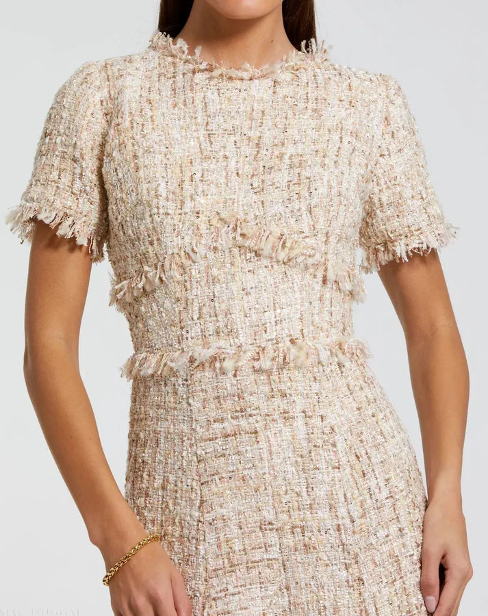 Mac Duggal 21045 Blush Boucle Short Sleeve High Neckline A Line Midi Dress