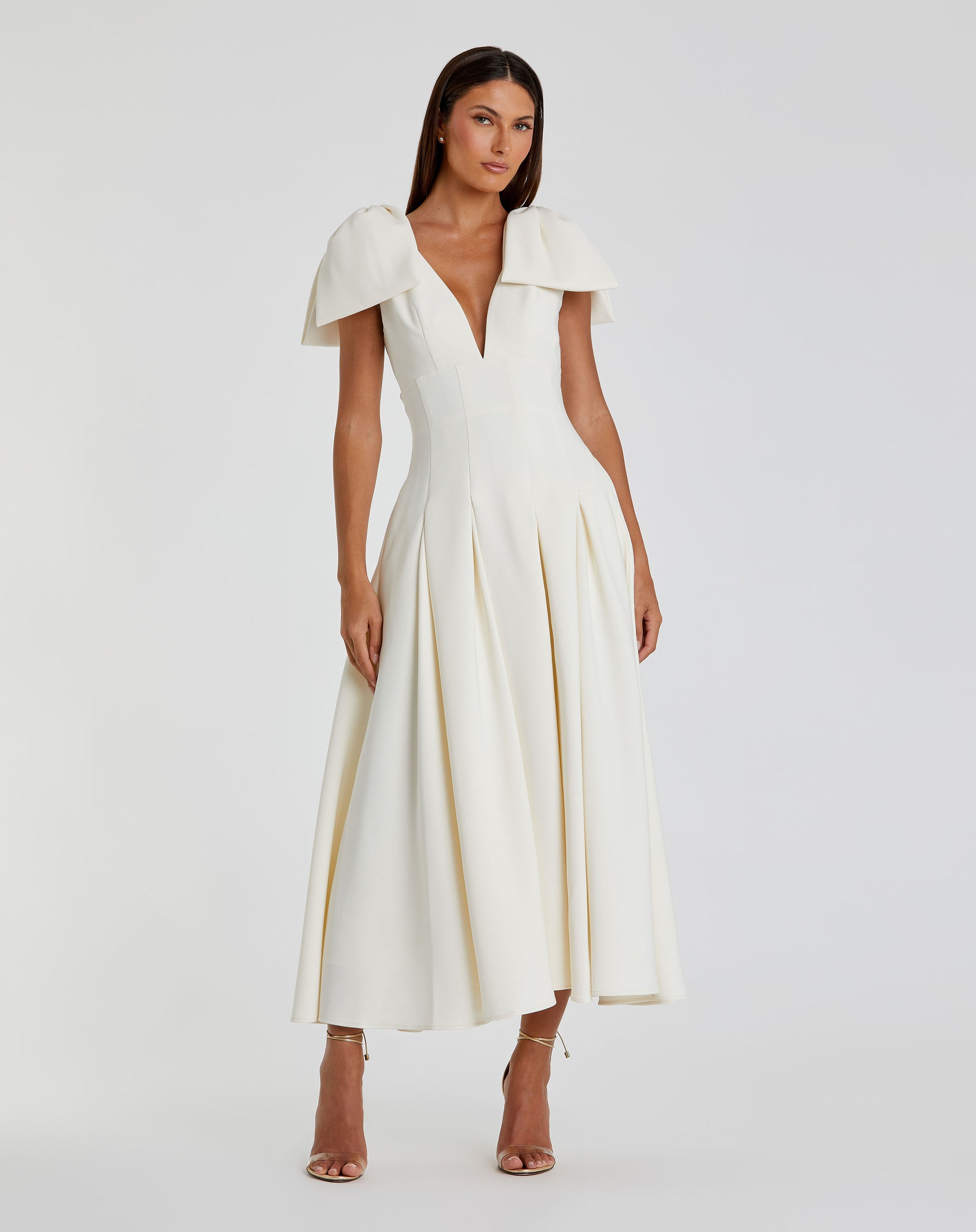 Ivory Crepe A Line Midi Dress With Bow Straps | Mac Duggal US 8 Ivory Crepe A Line Midi Dress With Bow Straps | Mac Duggal US 8