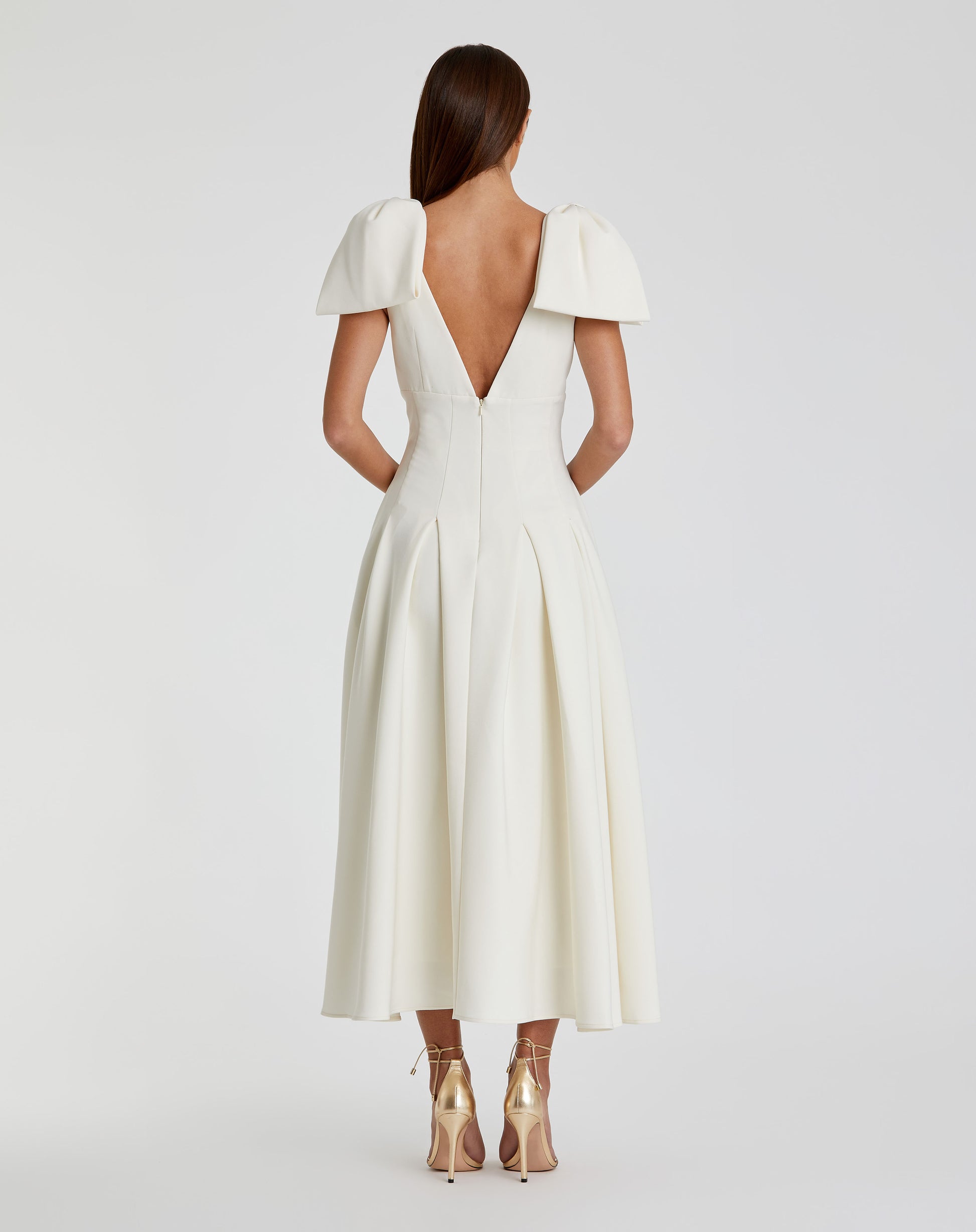 Ivory Crepe A Line Midi Dress With Bow Straps | Mac Duggal US 8 Ivory Crepe A Line Midi Dress With Bow Straps | Mac Duggal US 8