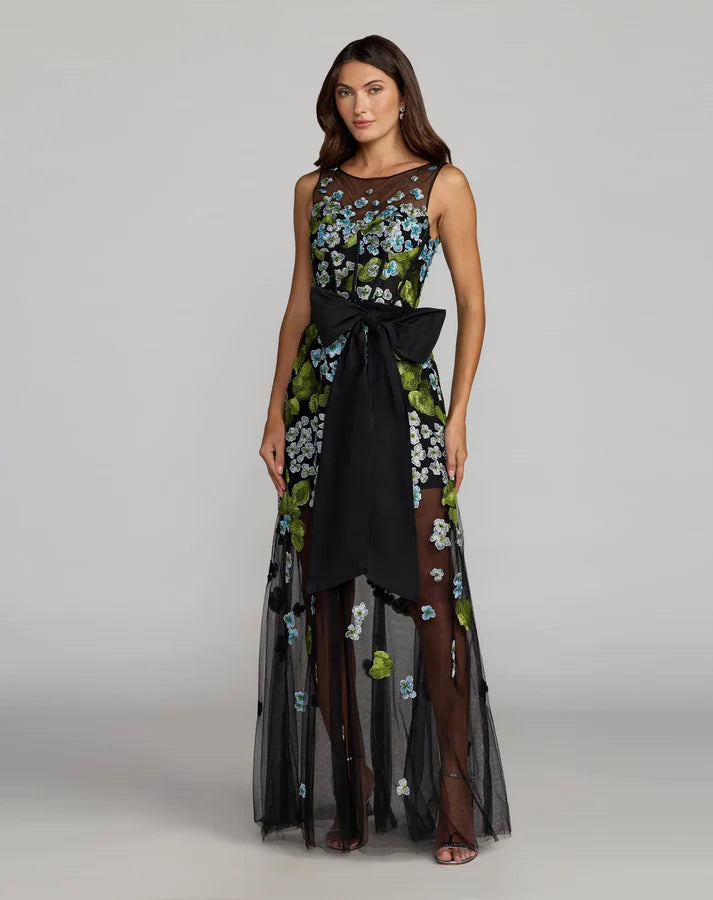 Mac Duggal 21058 Multi Sleeveless Floral Embroidered Corset Gown With Bow
