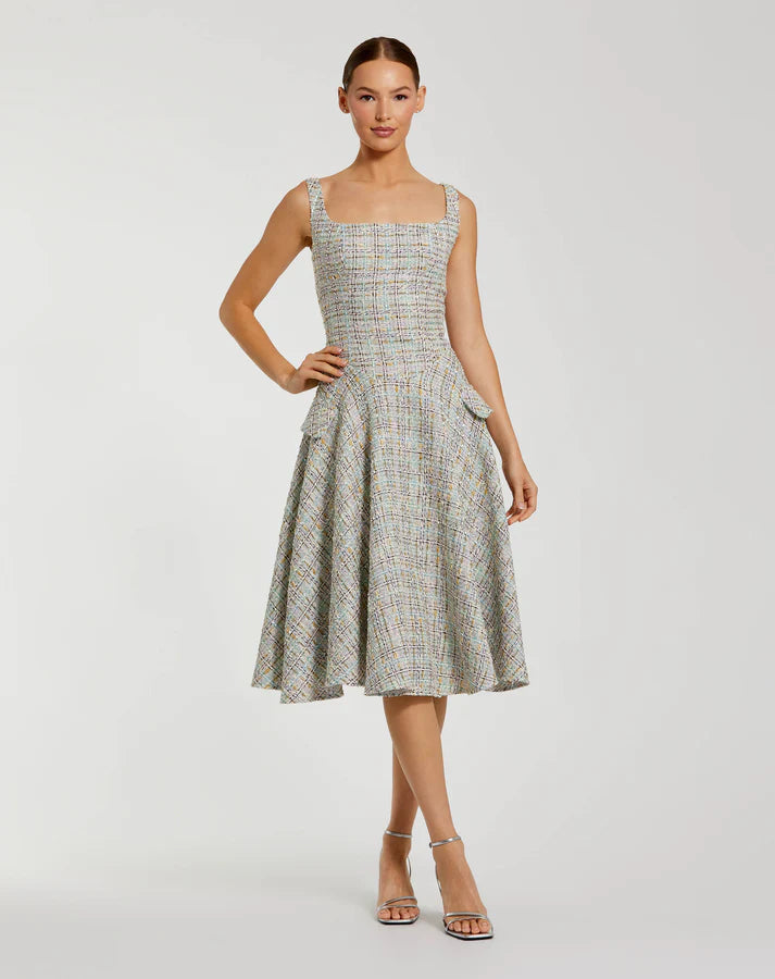 Mac Duggal 21066 Pastel Multi Sleeveless Scoop Neckline Drop Waist Boucle Midi Dress