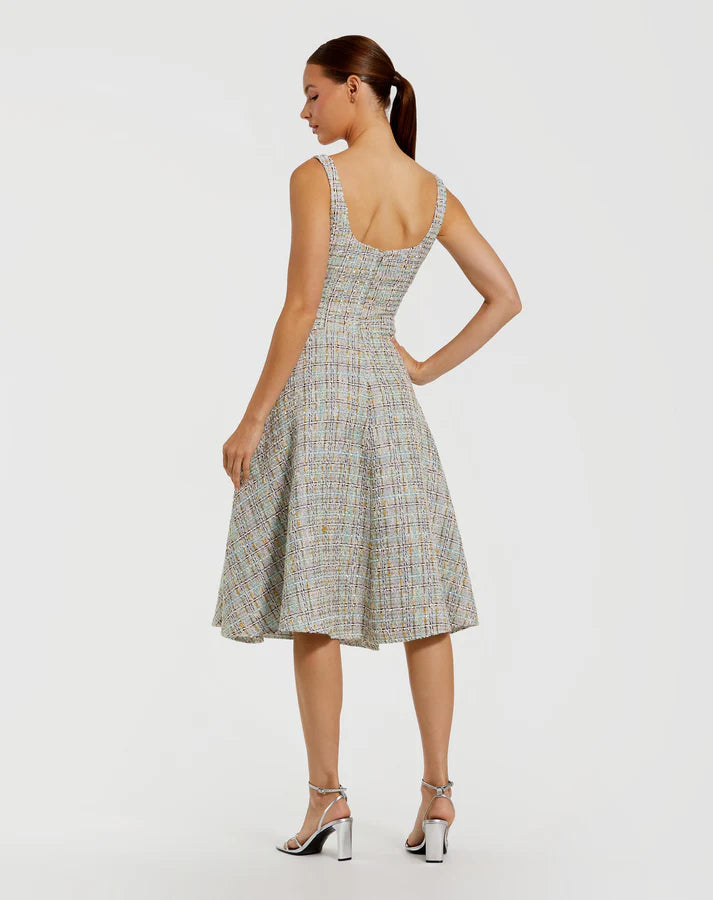 Mac Duggal 21066 Pastel Multi Sleeveless Scoop Neckline Drop Waist Boucle Midi Dress