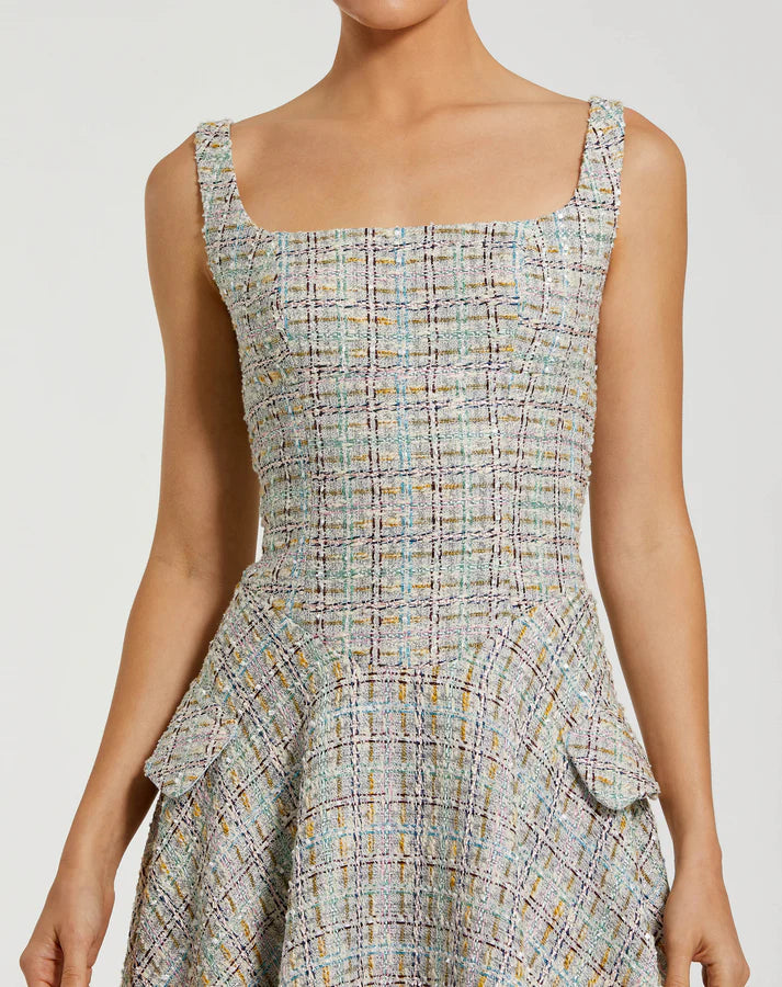 Mac Duggal 21066 Pastel Multi Sleeveless Scoop Neckline Drop Waist Boucle Midi Dress