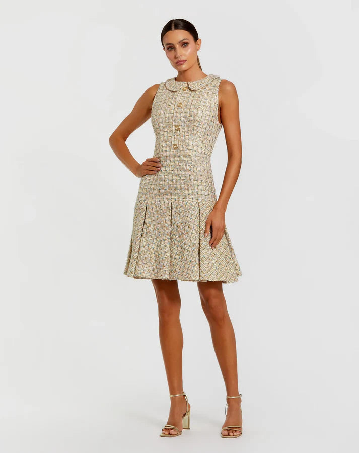 Mac Duggal 21068 Gold Multi Sleeveless Peter Pan Collar Mini Dress with Pleats