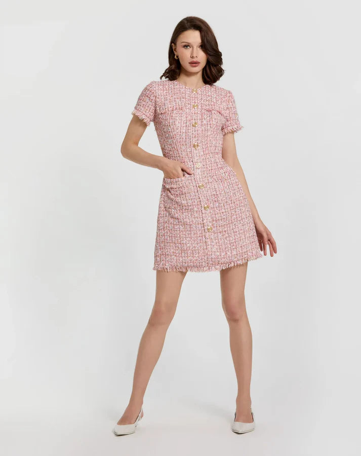 Mac Duggal 21072 Pink Boucle Short Sleeve High Neckline Mini Dress With Pockets