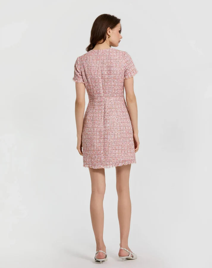Mac Duggal 21072 Pink Boucle Short Sleeve High Neckline Mini Dress With Pockets