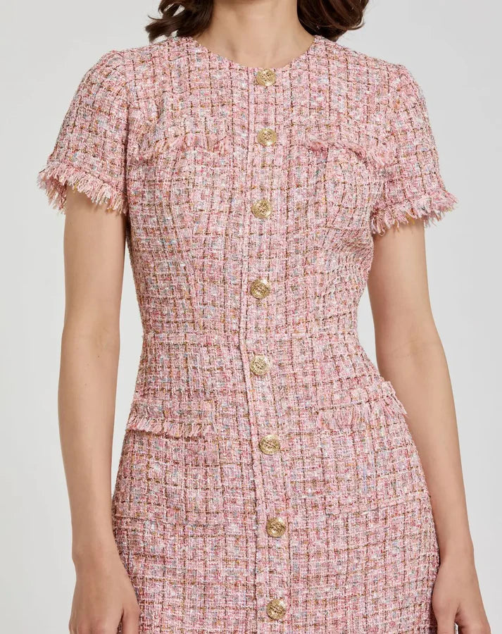 Mac Duggal 21072 Pink Boucle Short Sleeve High Neckline Mini Dress With Pockets