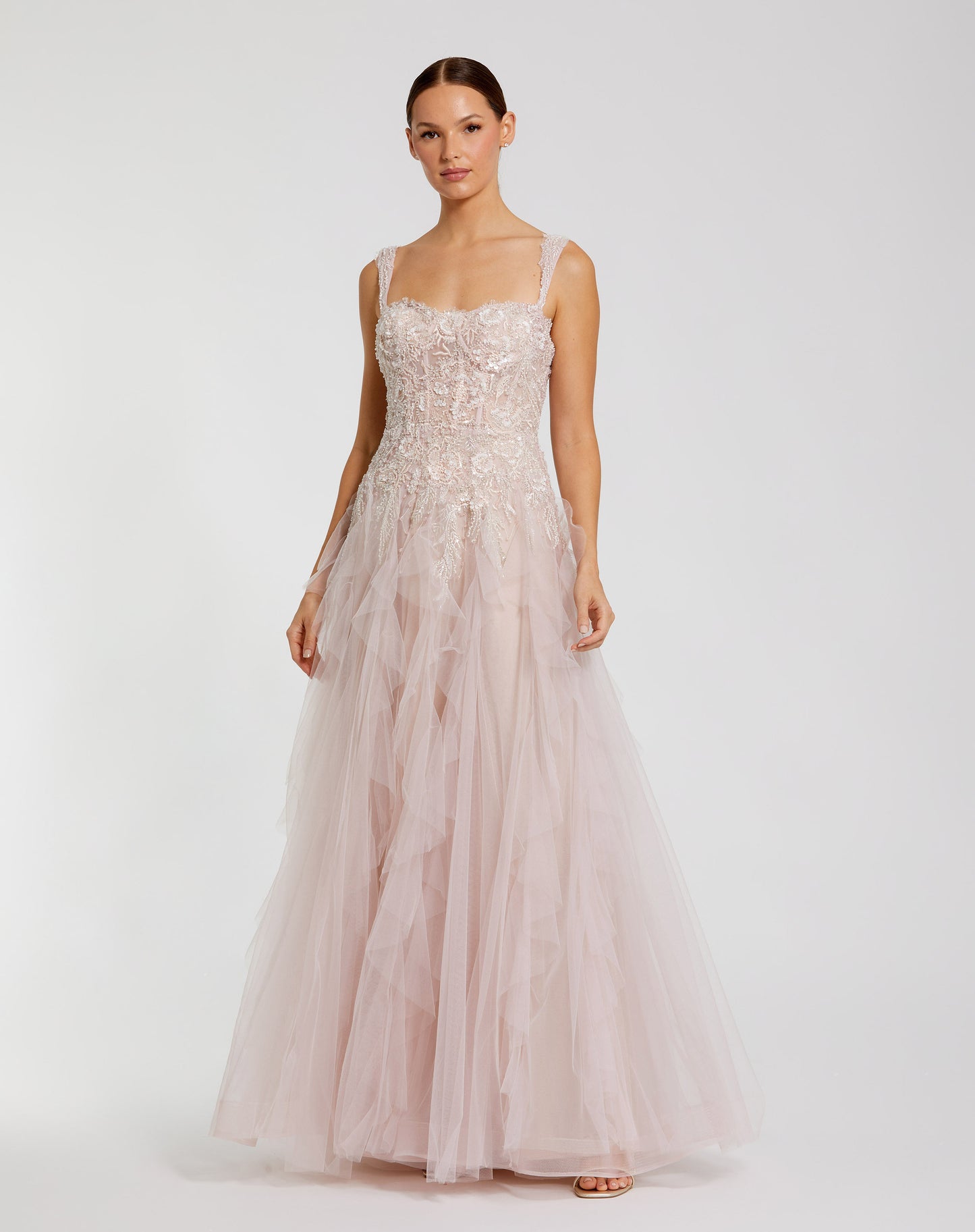 Mac Duggal 21095 Thin Strap Bustier Tulle Gown With Ruffle Skirt