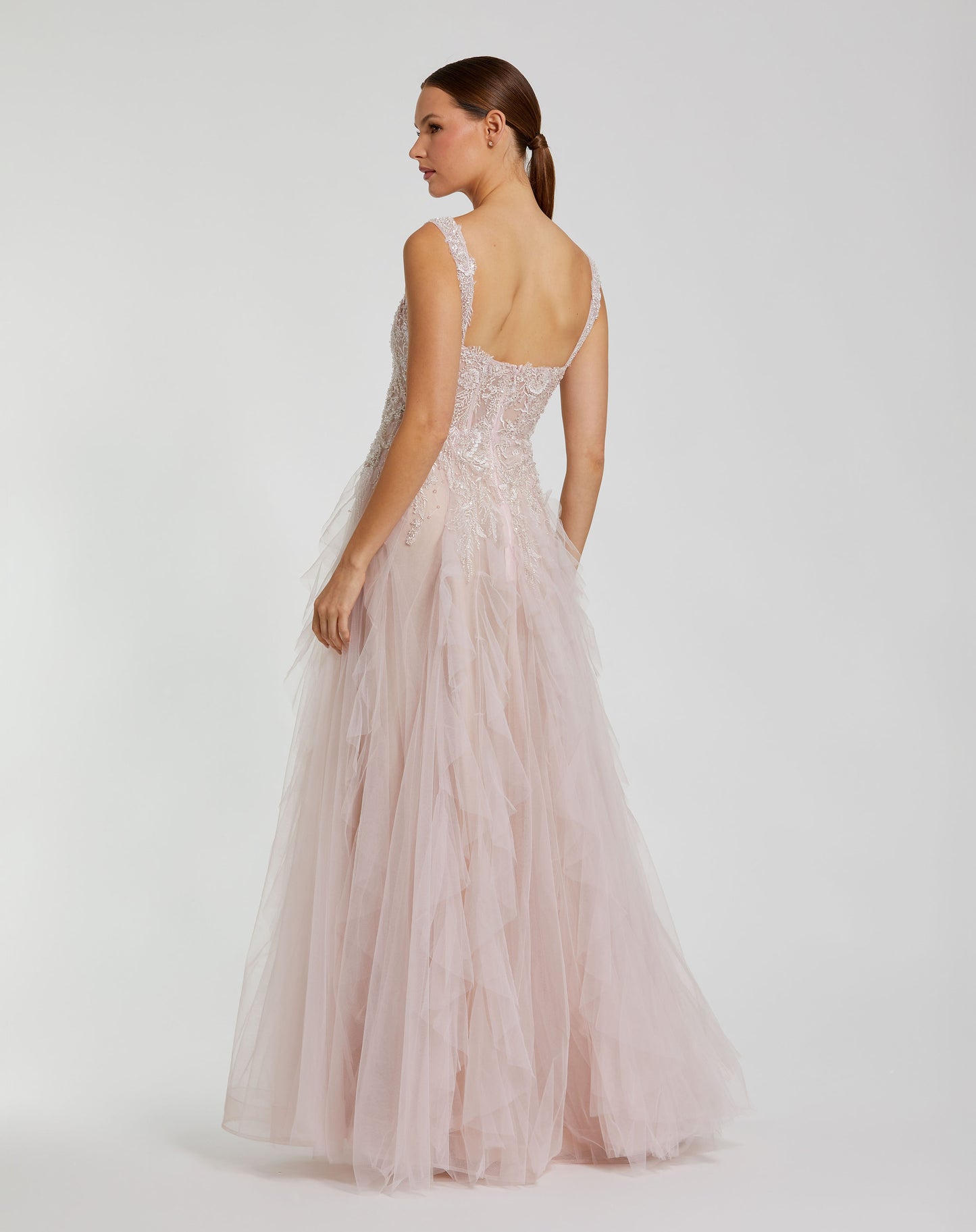 Mac Duggal 21095 Thin Strap Bustier Tulle Gown With Ruffle Skirt