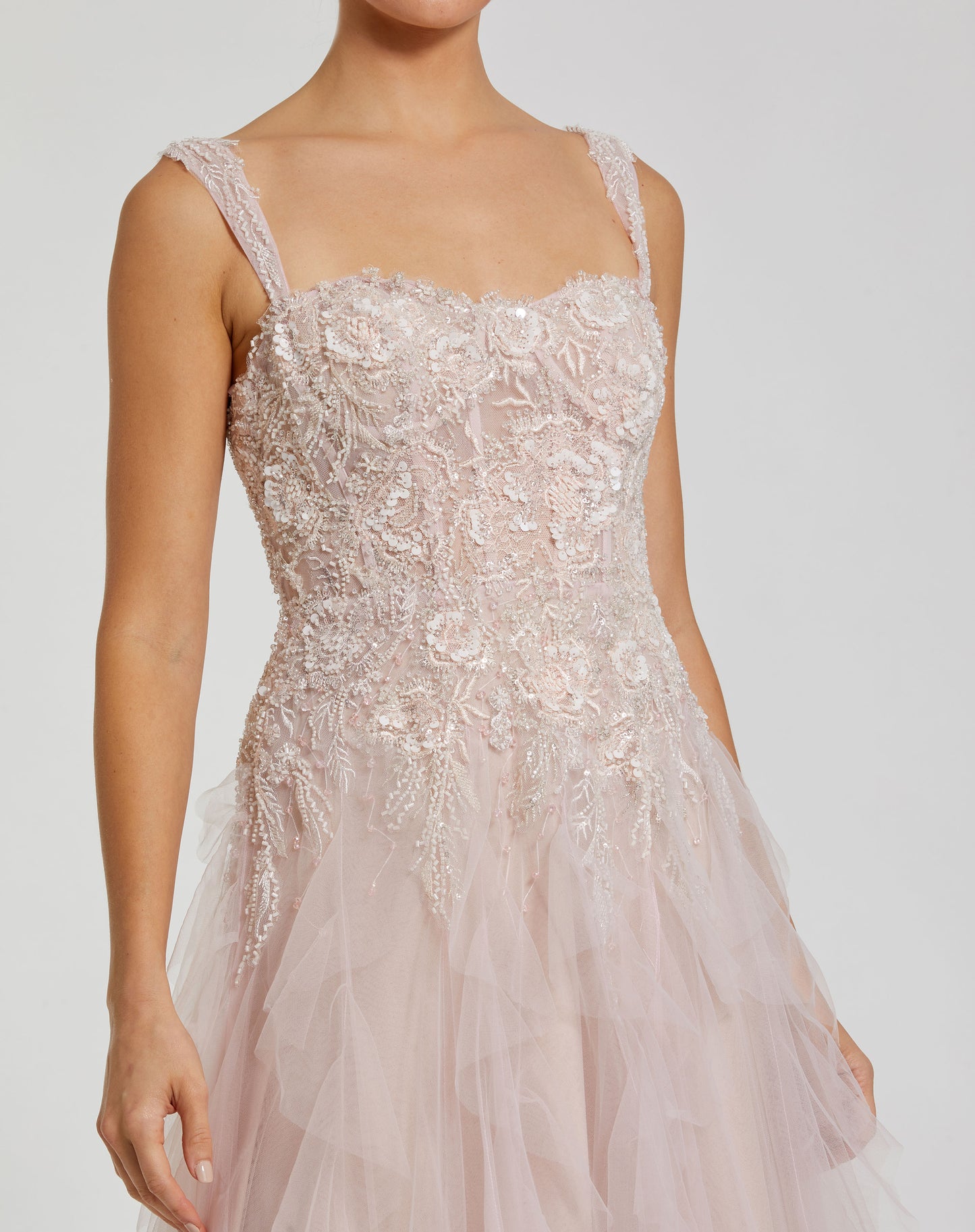 Mac Duggal 21095 Thin Strap Bustier Tulle Gown With Ruffle Skirt