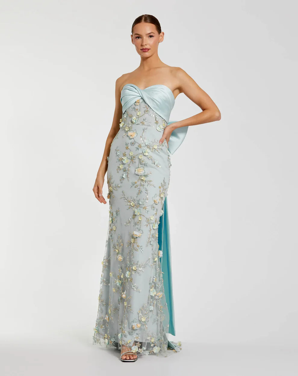 Mac Duggal 21102 Blue Strapless Satin Sweetheart Neckline Embellished Gown With Bow
