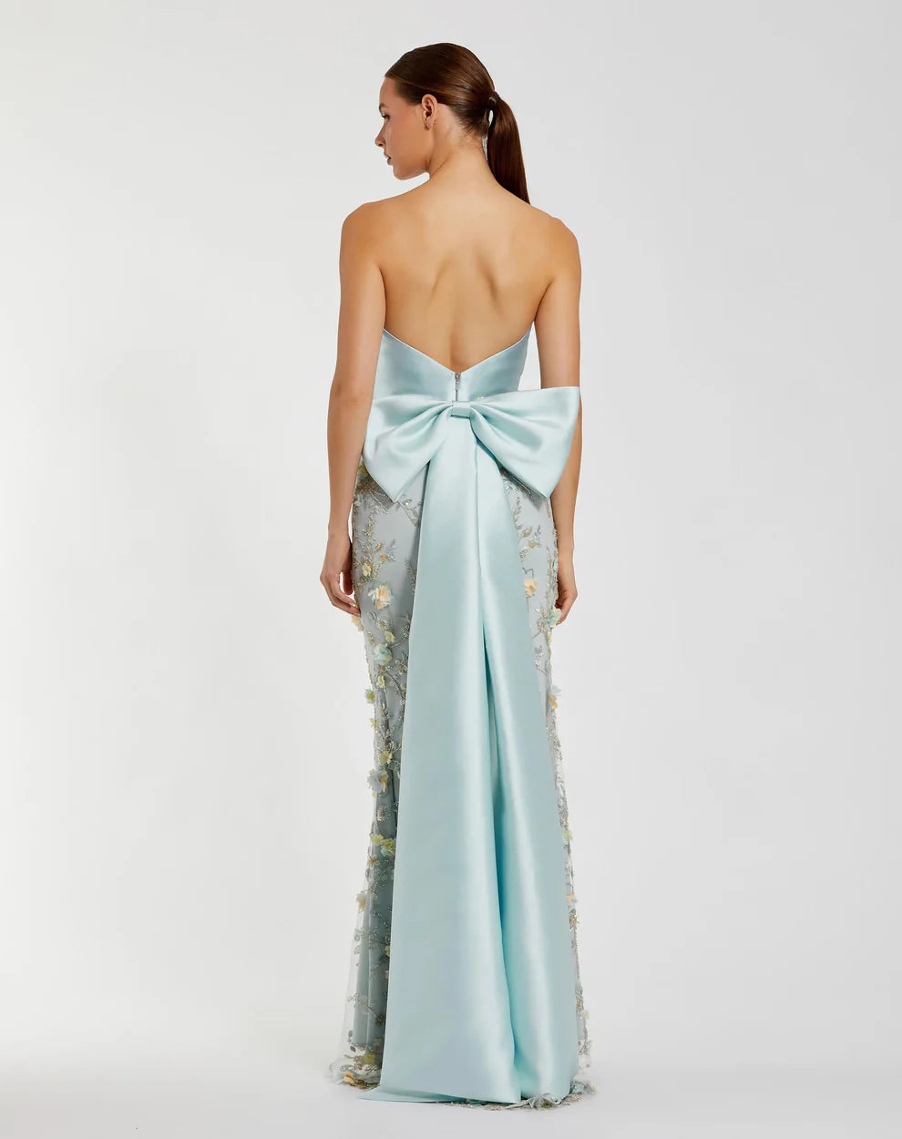 Mac Duggal 21102 Blue Strapless Satin Sweetheart Neckline Embellished Gown With Bow