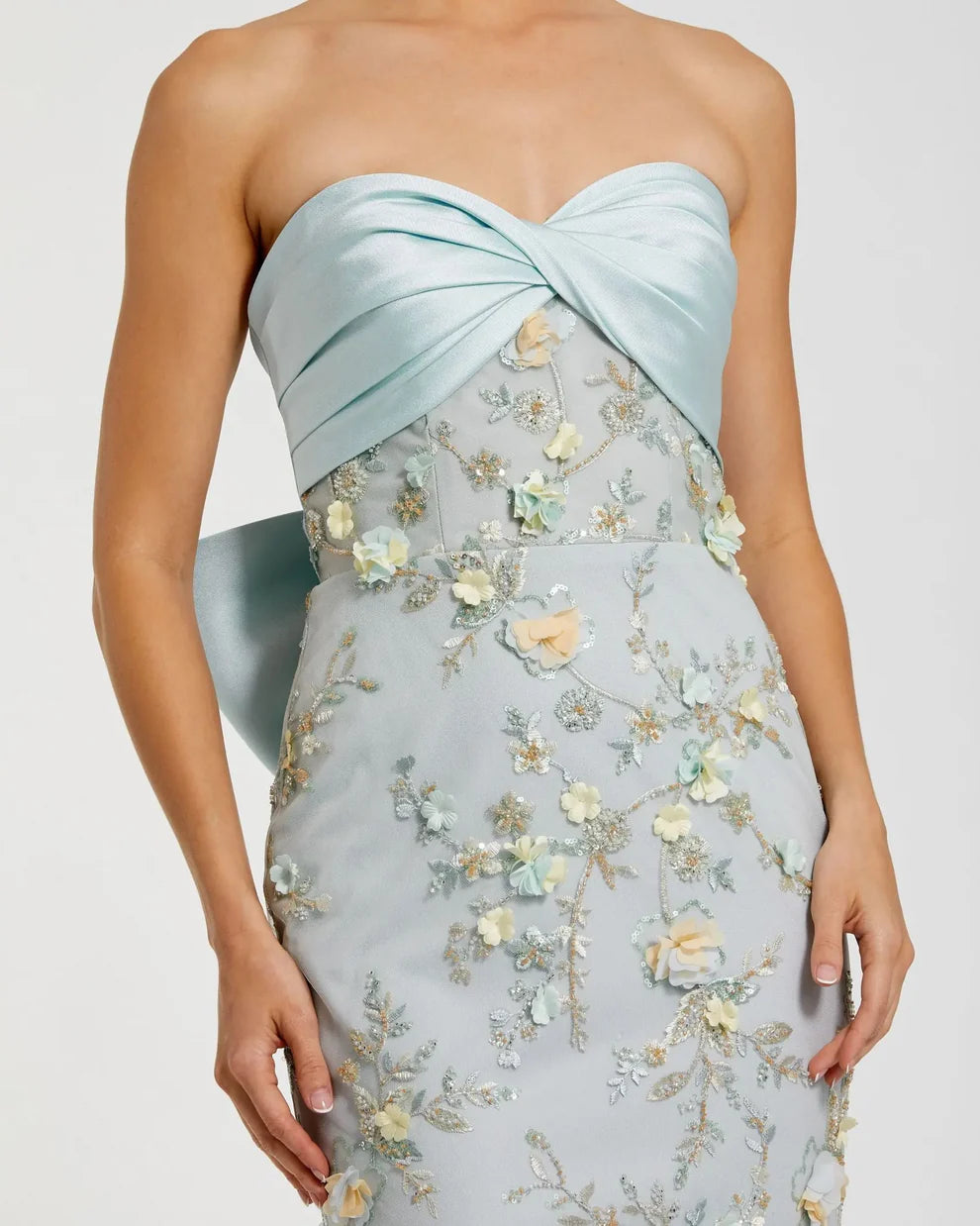 Mac Duggal 21102 Blue Strapless Satin Sweetheart Neckline Embellished Gown With Bow