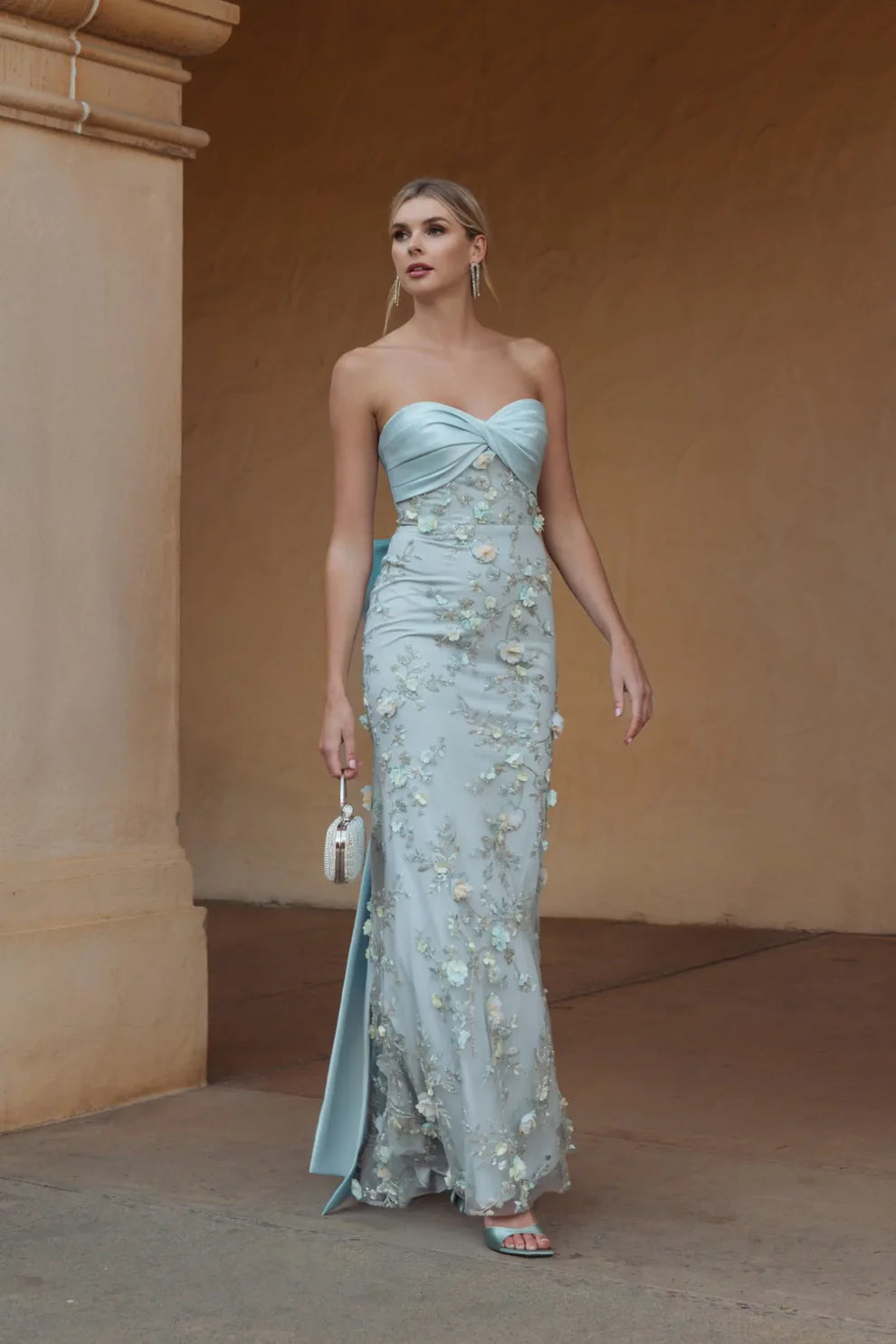 Mac Duggal 21102 Blue Strapless Satin Sweetheart Neckline Embellished Gown With Bow
